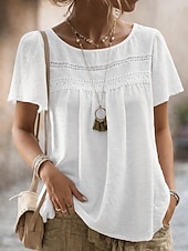 cheap Plain Blouses-Women's Summer Shirt Casual Shirt Blouse Lace Trim Solid Color Vacation Stylish Casual Short Sleeve Crew Neck Regular Tops Daily Beach Holiday Blue Black White Pink Red Summer Spring