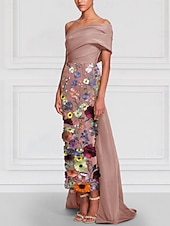 cheap Ball Gown Evening Dresses-Sheath Column Tea Length Cocktail Dresses Evening Gown Ball Gown with Overskirt Formal Dress Elegant Sleeveless Off Shoulder Garden Party Wedding Satin with Bow(s) Embroidery