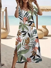 preiswerte Blumenkleider-Damen Maxikleid T-Shirt-Kleid A Linie Kleid Sommerkleid Urlaub Lässig Strand Ausgehen Normale Passform Blumen Grafik Kurzarm Rundhalsausschnitt Grün Sommer Frühling