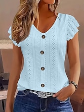 baratos Camiseta lisa-Mulheres Camiseta T-shirt Frufru Ilhó Botões Tecido Moda à moda Clássico Manga Curta Decote V Tops regulares Diário Para Noite Final de semana Branco Amarelo Rosa Azul Céu Verde Verão Primavera