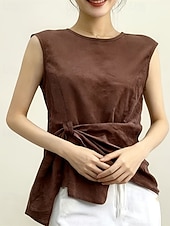 Χαμηλού Κόστους Πουκάμισα-Γυναικεία Καλοκαιρινές κορυφές Μπλούζα Ντυτές μπλούζες Λινό από ψεύτικο βαμβάκι Σουρωτά Κουρελού Συνδεμένο Συμπαγές Χρώμα Σκέτο Κομψό Βίντατζ κυρίες Αμάνικο Στρογγυλή Ψηλή Λαιμόκοψη