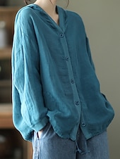abordables Blouses Unies-Femmes Chemises en coton et lin Boutons Couleur Unie ancien Basique Occasionnel manche longue À capuche Hauts Réguliers Quotidien Bleu Blanche Rouge Abricot Été Printemps Automne