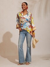 preiswerte Hemden, Tops und Blusen-Sommerbluse aus fließendem Chiffon mit malerischem Blumenmuster im Santorini-Stil