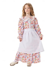  250e anniversaire des États-Unis Période coloniale 19ème siècle Robe Prairie Ensemble bonnet et tablier Manches longues Fille pionnière Epoque Coloniale Guerre d'indépendance américaine Fleuri