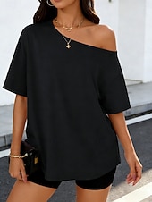 tanie gładka koszulka-Damskie Podkoszulek Jednokolorowe Elegancki Codzienny Krótki rękaw zimne ramię Długie topy Codzienny Wyjściowe Niebieski Czarny Biały Rumiany róż Wino Lato Wiosna