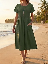 preiswerte Luxuskleider-Damen-Midikleid aus 100 % Baumwolle, Etuikleid, T-Shirt-Kleid, modisch, modern, alltagstauglich, für Outdoor-Aktivitäten und Urlaub, lockere Passform, schlicht, kurze Ärmel, Rundhalsausschnitt, olivgrün, rot, marineblau, Sommer, Frühling