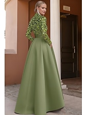 cheap A-Line Evening Dresses-A-Line Asymmetrical Evening Gown Elegant Color Block Glittering Long Sleeve V Neck Wedding Formal Pocket Satin Sequined with Glitter Pocket