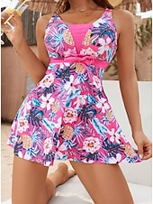 رخيصةأون السباحة-نسائي ملابس السباحة تانكيني 2 قطعة عالي الخصر ملابس السباحة بدون ظهر العطلة ملابس الشاطئ ورد الرسم V رقبة بدون كم بدلة سباحة