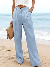 preiswerte Wesentliche Falsche Unterteile-Damen Kunstbaumwollleinen Weites Bein Freizeithose Sommerhose Urlaub Streetwear Basic Volle Länge Mittlere Taillenlinie Einfach Tasche Atmungsaktivität Bequem Unelastisch Täglich Outdoor Urlaub Blau