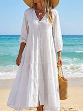 cheap Dresses-Women's Maxi Dress Linen-feel Dresses Kaftan Dress Fashion Modern Outdoor Vacation Holiday Loose Fit Plain Long Sleeve V Neck Blue White Yellow Summer Spring Fall