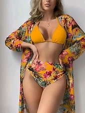 tanie 3-częściowy zestaw bikini-Damskie Stroje kąpielowe Bikini Trzyczęściowy Majtki Kostium kąpielowy Szczupła Odkryte plecy Urlop Stroje plażowe Kwiaty Kantarka Długi rękaw Kostiumy kąpielowe