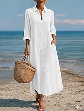 זול שמלות יוקרה-שמלת מקסי לנשים מכותנה ופשתן שמלת שינוי קזואלית יומית רחבה פשוטה עם שרוולים ארוכים צווארון כחול שחור לבן ירוק בהיר קיץ אביב סתיו