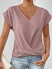 Χαμηλού Κόστους Βασικά Ψεύτικα Πουκάμισα-Γυναικεία Μπλουζάκι Συμπαγές Χρώμα Κλασσικό Καθημερινό Κοντομάνικο Λαιμόκοψη V Κανονικά μπλουζάκια Καθημερινά Εξόδου Σαββατοκύριακο Μαύρο Λευκό Ανθισμένο Ροζ Κρασί Βαθυγάλαζο Καλοκαίρι Άνοιξη