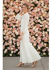 baratos Vestidos brancos pequenos-Tubinho Até o Tornozelo Vestido branco Vestidinho branco Vestidos para convidadas de casamento Elegante Manga Longa Gola Redonda Formal Convidado do casamento Chiffon com Pregas Franzido