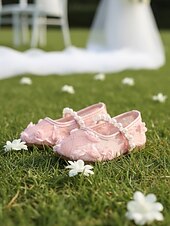 tanie Dzieci i dziewczynka z kwiatami-Dziecięce balerinki typu Mary Jane z koronkowymi paskami i perłowymi aplikacjami kwiatowymi, eleganckie buty ślubne w stylu księżniczki dla małych dziewczynek sypiących kwiaty, wygodne buty wizytowe