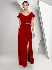 cheap Floor Length-A-Line Floor Length Wedding Guest Dress Chiffon Dress Formal Dresses Mother of the Bride Dress Cap Sleeve Crew Neck Elegant Simple Wedding Guest Semi Formal Chiffon with Crystals