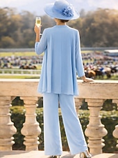 billige Mammas buksedresser-3-delt buksedress gulvlang mor til bruden kjole langermet rund hals elegant formell brudgjest med perler