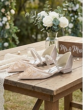 olcso Nők-női elefántcsont csipke gyöngypántos alacsony sarkú menyasszonyi cipők, elegáns kényelmes lapos talpú cipők menyasszonynak, kültéri kerti esküvőre