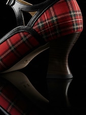 preiswerte Retro-Stil der 1950er Jahre-Rote Mary-Jane-Pumps mit Karomuster und schwarzem Besatz – Vintage-Schuhe im Stil der 1950er-Jahre mit runder Zehenpartie und Blockabsatz, perfekt für Retro-Partys und den Büroalltag. &amp;stilvolle Damen