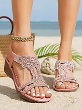 economico Sandali con zeppa-sandali con zeppa boho da donna color cielo con decorazioni floreali in cristallo – eleganti sandali con cinturino a T e strass per vacanze al mare, resort esotici &amp;viaggiatori eleganti