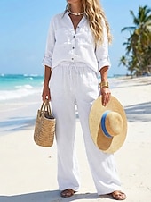preiswerte Sets-Damen Baumwoll-Leinen-Sets Hosen-Sets Bolero-Oberteil Langarm V Ausschnitt Einfach Kordelzug Mode Streetwear Täglich Outdoor Strand Schwarz Weiß Gelb Sommer Lässiger Schnitt