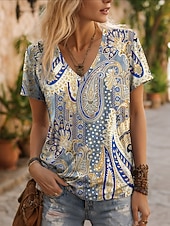 Χαμηλού Κόστους Τέχνη &amp; Σχεδίαση μπλουζάκι-Γυναικεία Μπλουζάκι Στάμπα Γραφική Λαχούρι Βίντατζ Στυλάτο Καθημερινό Κοντομάνικο Λαιμόκοψη V Κανονικά μπλουζάκια Καθημερινά Θαλασσί Κίτρινο Βυσσινί Καλοκαίρι Άνοιξη