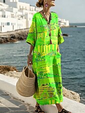 Χαμηλού Κόστους Τέχνη και Σχεδίαση Φορέματα-Γυναικείο Maxi Φόρεμα Λινό Σαφντ Dress Καθημερινό Χαλαρή Τακτοποίηση Γραφικό Αφηρημένο Μακρύ Μανίκι V Neck Μπλε Βασιλικό Μπλε Μωβ Πορτοκαλί Καλοκαίρι Άνοιξη