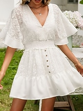 cheap Plain Dress-Women's Mini Dress A Line Dress Vacation Casual Outdoor Going out Regular Fit Solid Color 3/4 Length Sleeve V Neck Black White Pink Beige Summer Spring