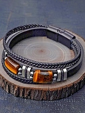 economico Gioielli da uomo-Bracciale da uomo in pietra naturale e finta pelle, cinturino da polso casual intrecciato in vari colori, gioielli alla moda da uomo per l'abbigliamento casual quotidiano e lo street style