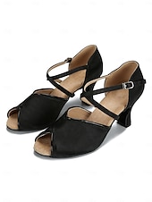 economico Scarpe per balli latini-scarpe da ballo professionali da donna in raso nero, punta aperta, cinturino alla caviglia, sala da ballo &amp;tacchi latini per palcoscenici e spettacoli