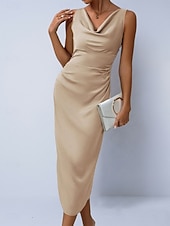 preiswerte Einfaches Kleid-Damen Midikleid Satinkleid Partykleid Figurbetontes Kleid Elegant Mode Modern Outdoor Urlaub Ausgehen Normale Passform Einfach Ärmellos Wasserfallausschnitt Hellgrün Grün Aprikose Sommer Frühling