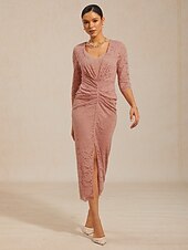 preiswerte abendkleider-Damen-Midikleid, Etuikleid, figurbetontes Kleid, Lochstickerei, Illusionsspitze, gerafft, elegant, für jeden Tag, Hochzeit, als Gast, Date, normale Passform, Blumenmuster, 3/4-Ärmel, V-Ausschnitt,