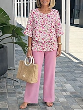  Per donna Set di Pantaloni Mezza Manica A farfalla Girocollo Floreale Grafico Elegante Vacanza Casuale Quotidiano Blu Rosa Viola Primavera & Estate