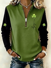 baratos Moletons e moletons de St Patrick-Moletom Feminino de São Patrício Pullover com Zíper Moletom Gráfico Shamrock Moda Casual Manga Longa Decote Redondo Zíper Metade Tops Regulares Roupas de Rua Diárias Estampado Verde Outono Inverno