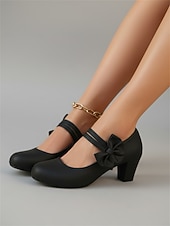 billiga Brudens/Brudgummens mor-Vita Mary Jane-pumps med dekorativ sidobrolett för kvinnor - eleganta runda tåskor med blockklack - sofistikerade klänningsklackar för bröllopsgäster i staden