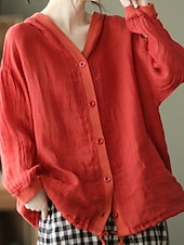 abordables Blouses Unies-Femmes Chemises en coton et lin Boutons Couleur Unie ancien Basique Occasionnel manche longue À capuche Hauts Réguliers Quotidien Bleu Blanche Rouge Abricot Été Printemps Automne
