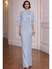 cheap Floor Length-Sheath Column Dress Floor Length Wedding Guest Dress Formal Dresses Evening Gown Mother of the Bride Dress Half Sleeve High Neck Elegant Simple Casual Formal Chiffon Jacquard Shawls with Lace