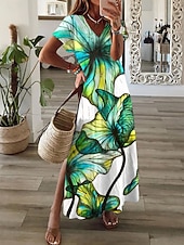 economico Abiti floreali-Per donna Abito maxi Vestito Estivo Vestito T-Shirt Abito a trapezio Vacanza Casual Spiaggia Uscire Vestibilità comoda Floreale Grafico Manica Corta Scollo a V Giallo Viola Verde Estate Primavera