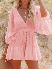 cheap Plain Dress-Women's Mini Dress A Line Dress Vacation Casual Outdoor Going out Regular Fit Solid Color 3/4 Length Sleeve V Neck Black White Pink Beige Summer Spring