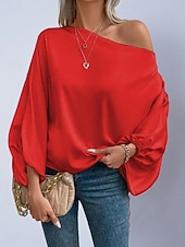voordelige Chique Blouses-Dames Overhemd Satijnen overhemd Blouse Tops met blote schouders Effen Stijlvol Klassiek Modern Lange mouw Schouderafhangend Normale tops Dagelijks Feestdagen Uitgaan blauw Zwart Blozend Roze Rood