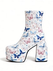 baratos Sapatos femininos-Botas de Tornozelo Plataforma Brancas com Estampa de Borboleta Femininas de Mardi Gras Sapatos Vintage de Salto Chunky para o Festival de Carnaval de Veneza