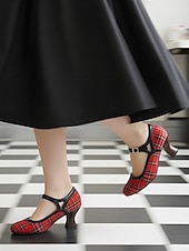 preiswerte Retro-Stil der 1950er Jahre-Rote Mary-Jane-Pumps mit Karomuster und schwarzem Besatz – Vintage-Schuhe im Stil der 1950er-Jahre mit runder Zehenpartie und Blockabsatz, perfekt für Retro-Partys und den Büroalltag. &amp;stilvolle Damen