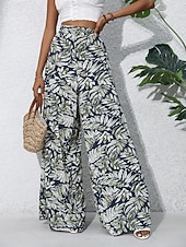 preiswerte weites Bein und hohe Taille-Damen Weite Hosenbeine Chinos Palazzo-Hose Urlaub Streetwear Basic Volle Länge Mittlere Taillenlinie Blumen Tropisch Elastischer Bund Drucken Bequem Unelastisch Täglich Outdoor Straße Blau Marineblau