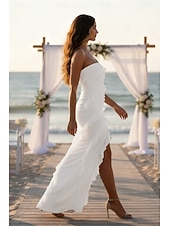  Tubino Colonna Lunghezza al pavimento Abito Bianco Piccolo vestito bianco Elegante Schiena Scoperta Manica Lunga Senza Spalline Festa serale Matrimonio Chiffon Senza schiena con Volant Spacco