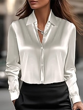  Per donna Camicia Elegant Top in raso A calotta di seta Bottoni Tinta unica Elegante Essenziale Casual Manica Lunga Colletto a Camicia Top Regolari Quotidiano Ferie Blu Argento Nero Bianco Champagne