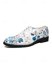 abordables Chaussures Oxford-Chaussures habillées blanches pour homme à motif floral, broderie florale bleue, modèle Oxford à lacets, style élégant et formel pour mariages, fêtes et occasions spéciales.