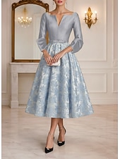 abordables Robes de cocktail-Ligne A Longueur thé Robes de Cocktail Robes de soirée Élégant ancien Manche 3/4 Col en V Mariage Formel Taffetas Jacquard avec Noeud(s) Plis