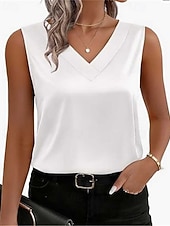 preiswerte Schicke Blusen-Damen Elegant Satin-Top T Shirt Seiden-Oberteile Patchwork Einfarbig Elegant Vintage Mode Ärmellos V Ausschnitt Normale Oberteile Täglich Ausgehen Wochenende Blau Silber Weiß Rote Purpur Sommer