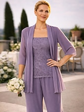 abordables Trajes de pantalón de mamá-Conjunto de pantalón vestido largo madre de la novia Manga larga Escote joya Elegante Simple invitada de boda con color sólido