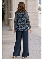 economico Tailleur pantalone della mamma-Tuta Completo Pantalone Tre Pezzi Completo Pantalone Lunghezza al pavimento Abito da cerimonia per signora Manica Lunga Scollo Tondo Elegante Taglie Forti Formale Ospite di nozze Chiffon con Pizzo